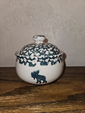 Vintage Folk Craft Green Moose Ceramic Jar with Lid - White and Dark Teal